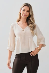 Blusa Manga 3/4 Punho Decote V Laço Recorte Busto