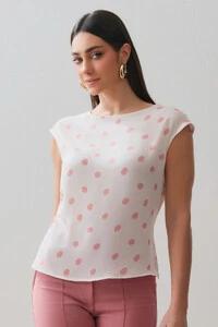 Blusa Assimétrica Poa Sobreposta Lateral Direita Franzida