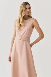 Vestido Midi Evasê Regata de Alfaiataria Recortes Cinto Fivela Gold