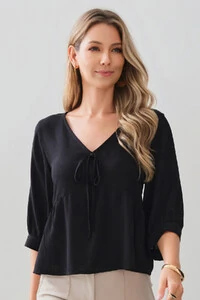 Blusa Manga 3/4 Punho Decote V Laço Recorte Busto