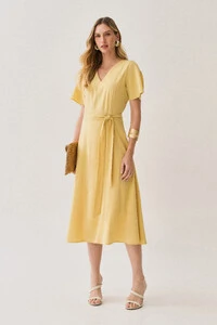 Vestido Midi Evasê Manga Abertura Decote V Cinto