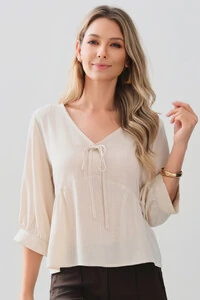 Blusa Manga 3/4 Punho Decote V Laço Recorte Busto