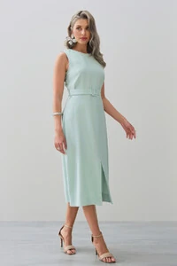 Vestido Midi Regata de Alfaiataria Recortes Cinto Fivela Forrada Fenda Frontal