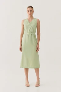 Vestido Midi Regata de Alfaiataria Decote V Recorte e Cinto Fivela