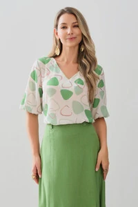 Blusa Abstrata Triângulo Manga 3/4 Elástico Decote V