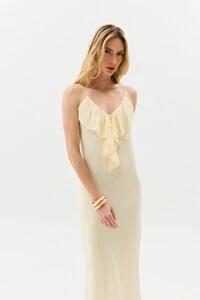 Vestido Longo de Alcinha de Chiffon Yoryu Decote V Babado Laço