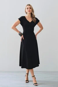 Vestido Midi Evasê Manga Morcego Decote V