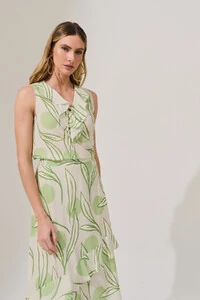 Conjunto Folhagem Poa de Blusa Regata Decote V Babado Laço e Saia Midi Babado Assimétrico