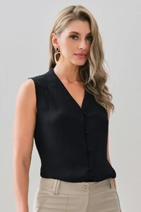 Camisa Regata Decote V Ombro Pregas Double Mini Botões Forrados