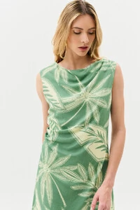 Vestido Midi Regata Assimétrico Drapeado Folhagem Ombro Lateral Franzidos