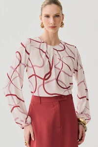 Blusa Abstrata Manga Longa Decote Pregas