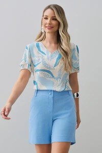 Blusa Folhagem Manga Dupla Decote V