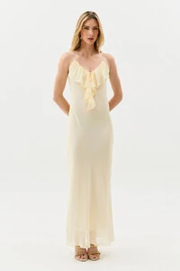 Vestido Longo de Alcinha de Chiffon Yoryu Decote V Babado Laço