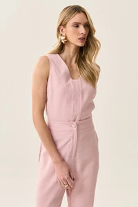 Conjunto de Blusa Regata Decote V Recortes e Calça Flare Botão Forrado