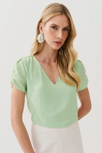 Blusa Manga Franzida Elástico Decote V