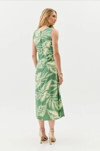 Vestido Midi Regata Assimétrico Drapeado Folhagem Ombro Lateral Franzidos