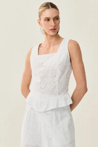 Conjunto de Laise de Algodão de Blusa regata Crop Decote Quadrado Babado e Shorts Pregas Double