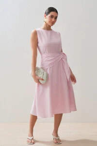 Vestido Midi Regata de Textrua Listrada Cintura Faixa Franzida
