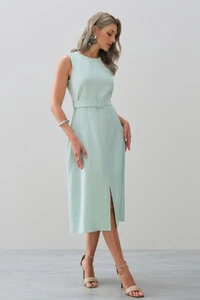 Vestido Midi Regata de Alfaiataria Recortes Cinto Fivela Forrada Fenda Frontal