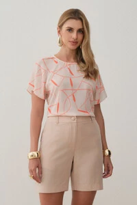 Blusa Abstrata Manga Raglan Ombro Prega