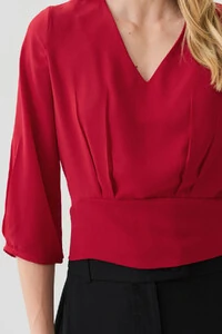 Blusa Crop Manga 3/4 Decote V Cintura Pregas Double