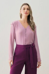 Camisa Manga Longa Punho Decote V Ombro Aba Mini Botões