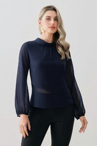 Blusa Dupla Transpassada Assimétrica de Chiffon Yoryu Manga Longa Gola Dobrada