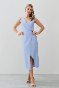 Vestido Midi Regata Transpassado de Linho Lateral Franzida Gold