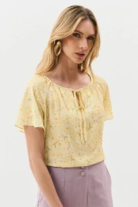 Blusa Floral Manga Raglan Decote Laço