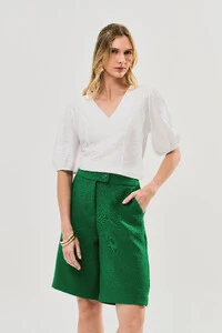 Blusa Manga Elástico Decote V Recortes