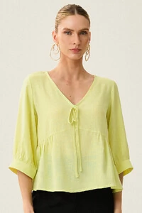 Blusa Manga 3/4 Punho Decote V Laço Recorte Busto