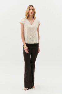 Blusa de Laise de Algodão Manga Tulipa Decote V