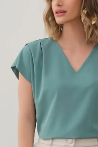 Blusa Manga Morcego Decote V Ombro Pregas Double