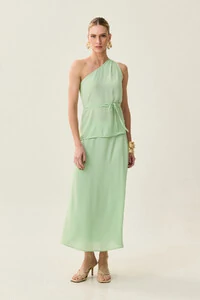 Conjunto de Blusa Regata Assimétrica Um Ombro Só Prega Cinto e Saia Midi