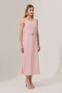 Vestido Midi Regata de Linho Decote Quadrado Fendas Laterais Cinto Fivela