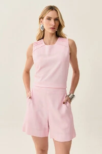 Conjunto de Linho de Blusa Regata Ombro Pregas e Shorts