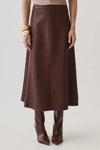 Saia Midi Evasê de Couro Recortes