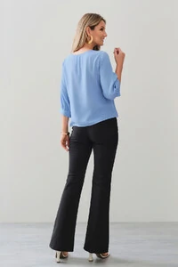 Blusa Manga 3/4 Punho Decote V Laço Recorte Busto