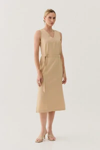 Vestido Midi Regata de Alfaiataria Decote V Recorte e Cinto Fivela