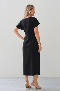 Vestido Midi Assimétrico de Linho Manga Morcego Decote V Lateral Pregas