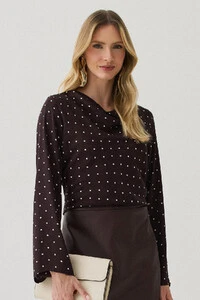 Blusa Poa Manga Longa Evasê Gola Drapeada