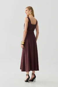 Vestido Midi de Alça Larga de Alfaitaria Decote Quadrado Recortes Cinto