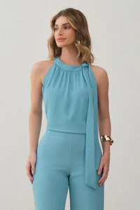 Conjunto de Blusa Regata Frente Única Laço e Calça Pantalona Slim