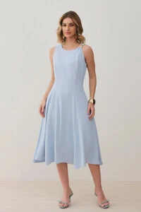 Vestido Midi Evasê Regata Assimétrico Pregas Ombro Esquerdo Gold