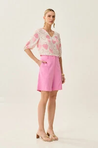 Blusa Abstrata Triângulo Manga 3/4 Elástico Decote V