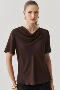 Blusa Assimétrica Manga Evasê Decote Drapeado Ombro Recorte Franzidos