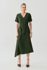 Vestido Midi Evasê Assimétrico Decote V Cinto Gold