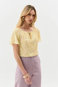 Blusa Floral Manga Raglan Decote Laço