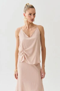 Conjunto de Blusa de Alcinha Assimétrica Decote V Lateral Pregas e Saia Midi Godê