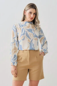 Blusa Assimétrica Abstrata Manga Longa Punho Double Gola Careca Baixa Ombro Direito Pregas Double